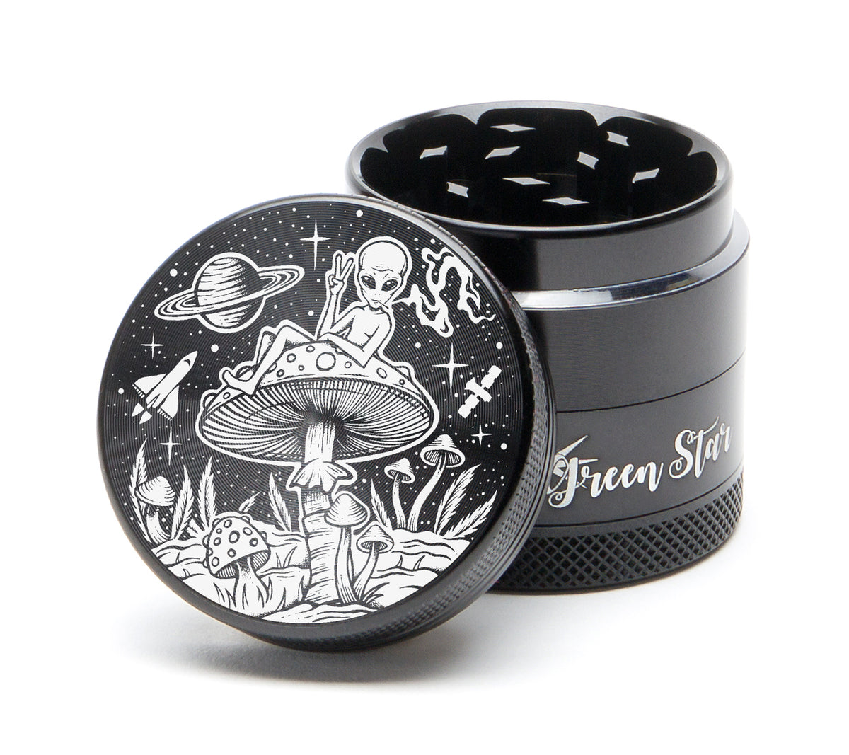 Grinder Acrylique 55 Mm – Motif Alien Et Champignons, Avec Filtre Et Sticker Offerts